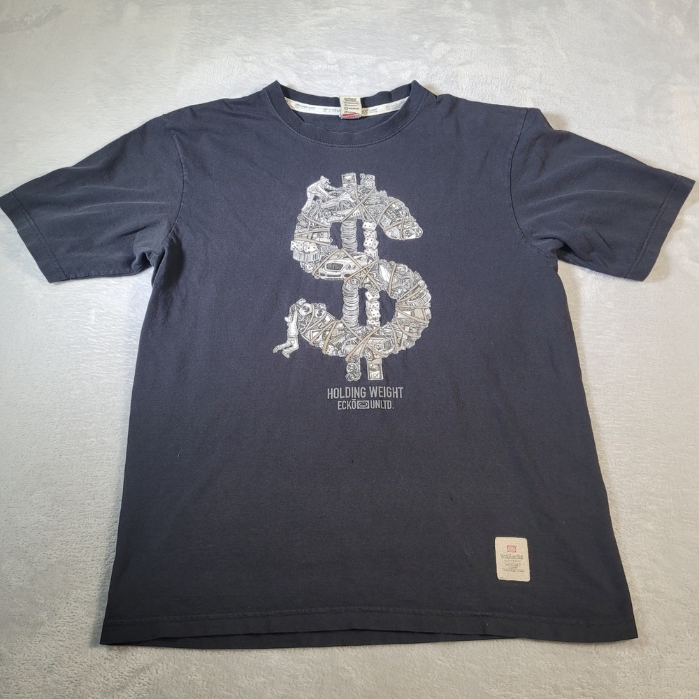 Ecko Unltd T-Shirt Mens L Black Holding Weight Dollar Sign Tee Cyber Grunge